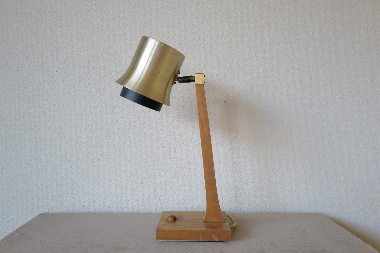 Mid Century table lamp made of teak, with aluminum shade 1950s Denmark