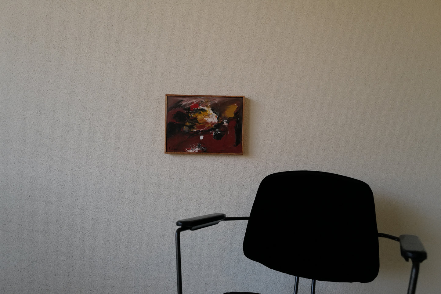 Abstract original Danish oil on plate painting from 1980 in warm bold colors titled “In Memory”