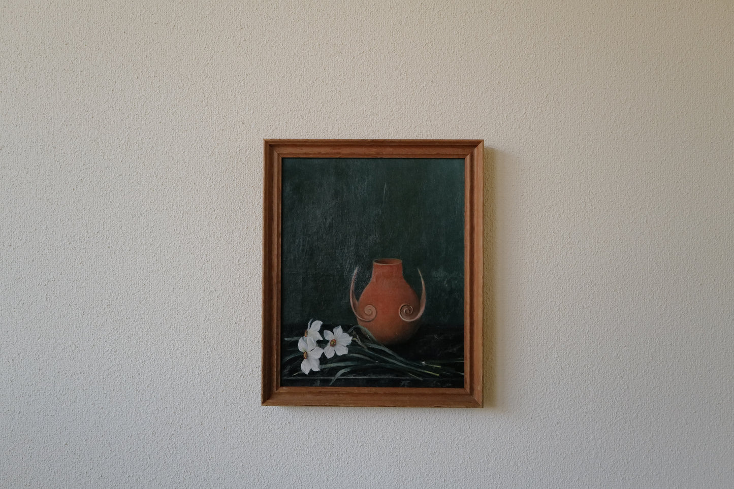Stunning vintage still life original oil painting with motive of flowers and vase on a deep turquoise coloured background