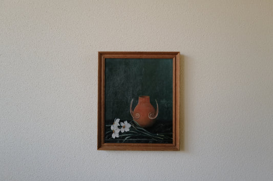 Stunning vintage still life original oil painting with motive of flowers and vase on a deep turquoise coloured background