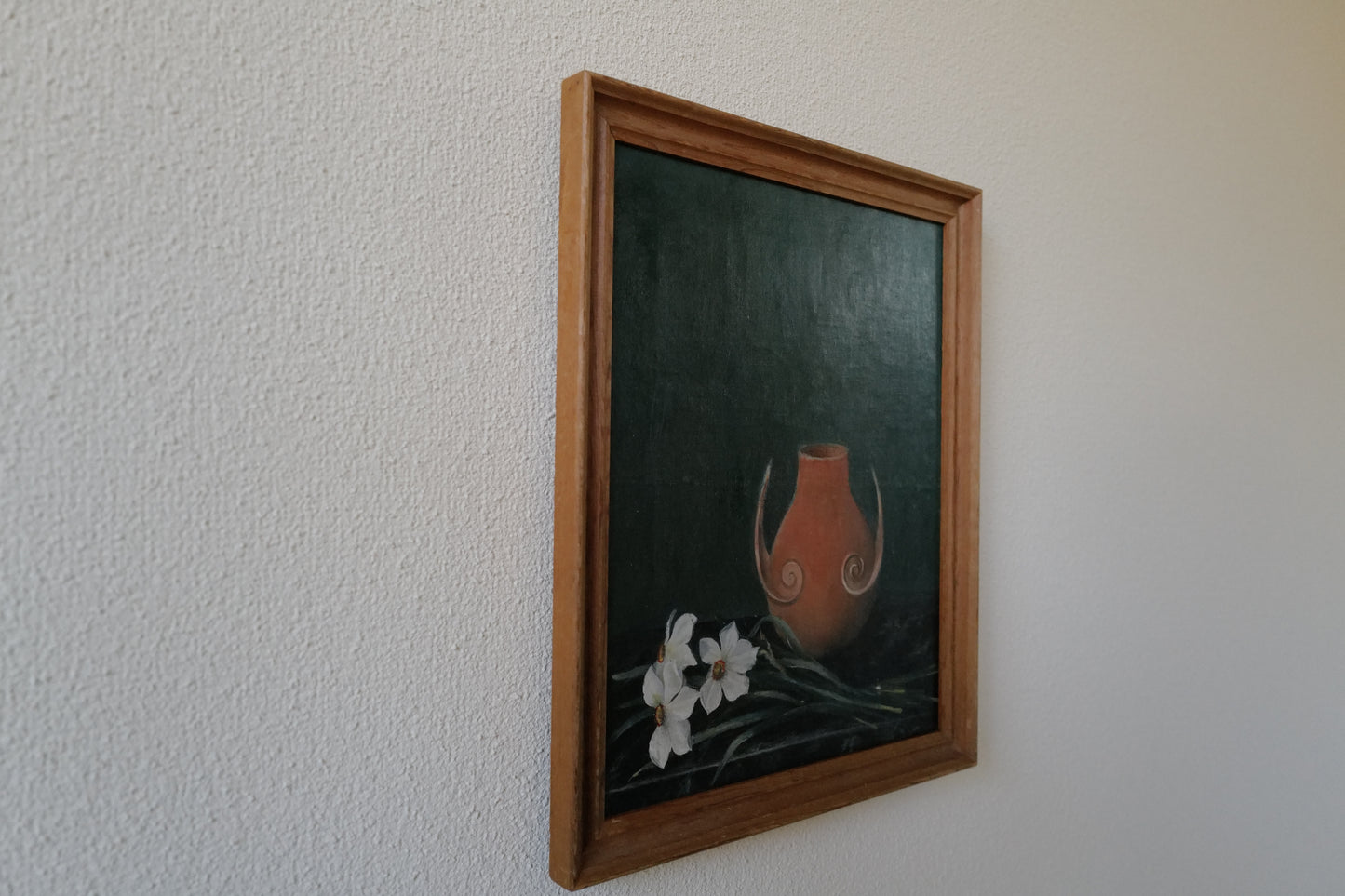 Stunning vintage still life original oil painting with motive of flowers and vase on a deep turquoise coloured background