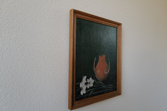 Stunning vintage still life original oil painting with motive of flowers and vase on a deep turquoise coloured background
