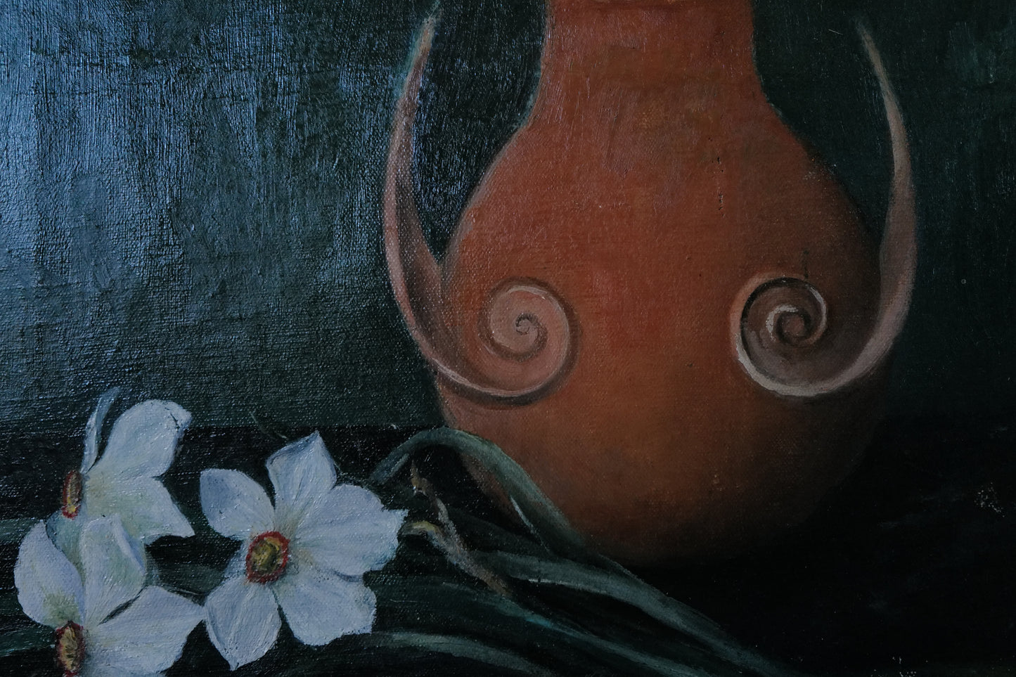 Stunning vintage still life original oil painting with motive of flowers and vase on a deep turquoise coloured background