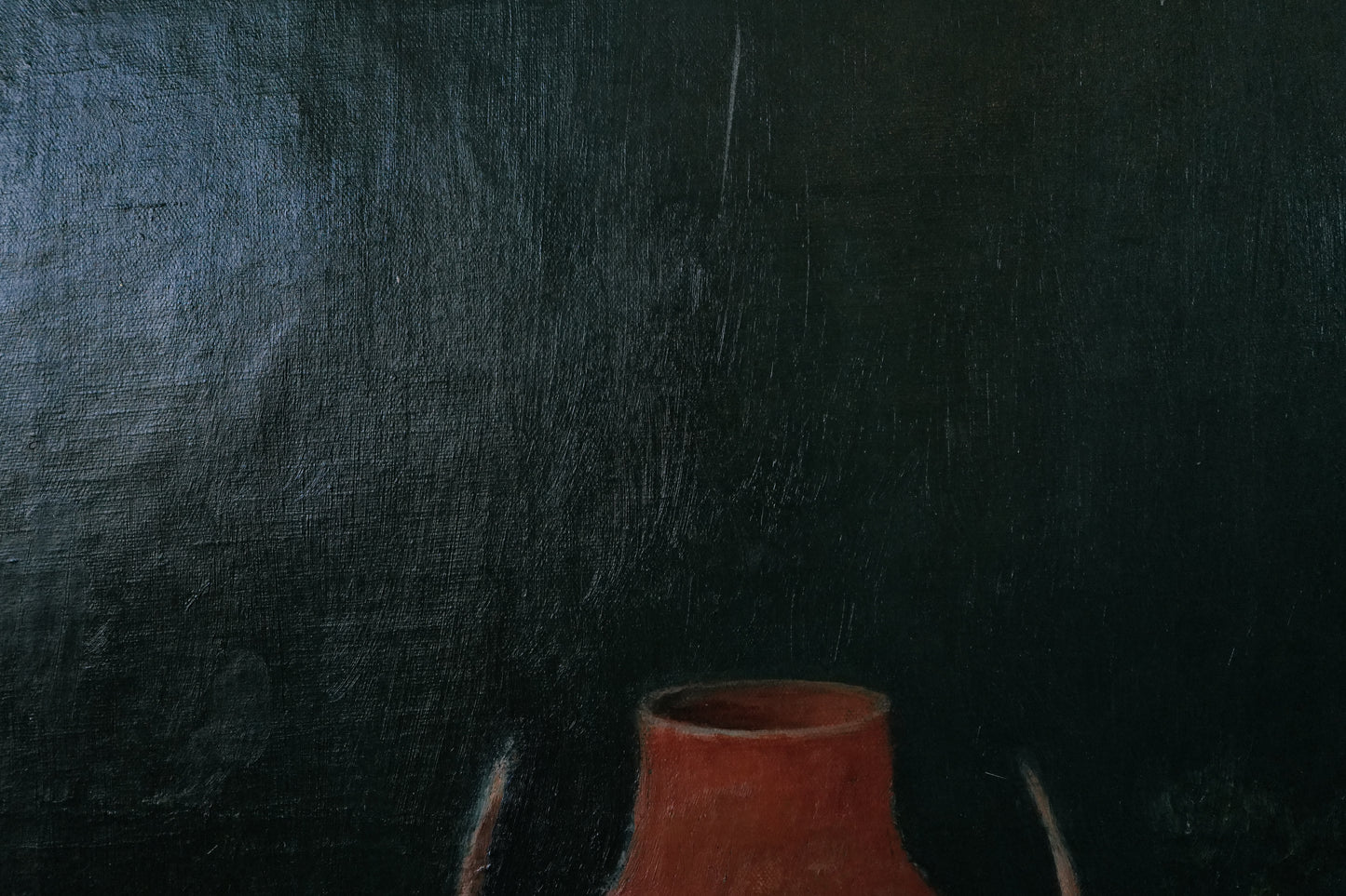 Stunning vintage still life original oil painting with motive of flowers and vase on a deep turquoise coloured background