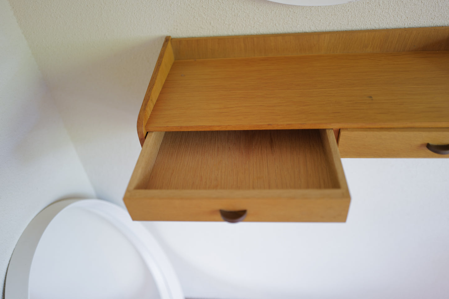 Danish floating shelf with drawers in oak