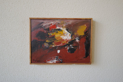 Abstract original Danish oil on plate painting from 1980 in warm bold colors titled “In Memory”