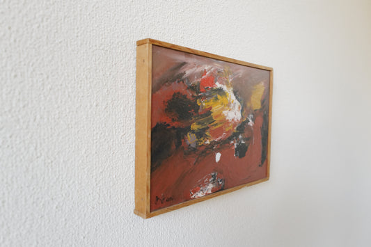 Abstract original Danish oil on plate painting from 1980 in warm bold colors titled “In Memory”