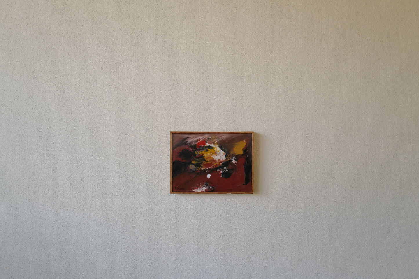 Abstract original Danish oil on plate painting from 1980 in warm bold colors titled “In Memory”