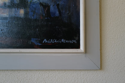 Original large oil painting from Denmark by Paul Christensson (1909-2004) with abstract motive in white frame