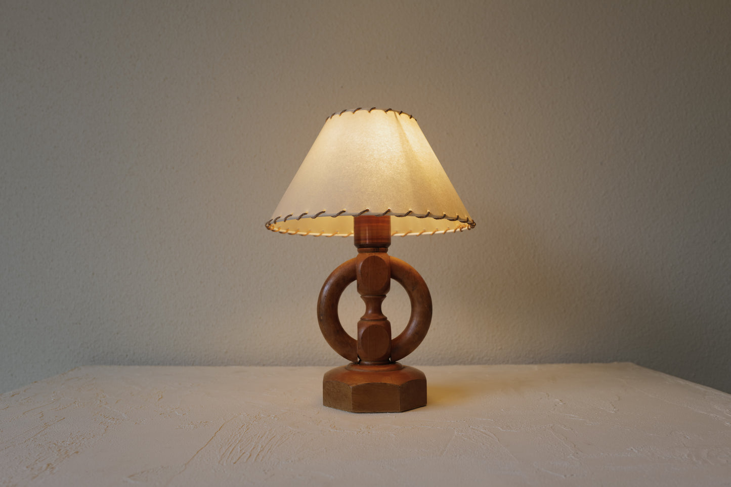 Wooden Base & Parchment Shade Table Lamp 1970's