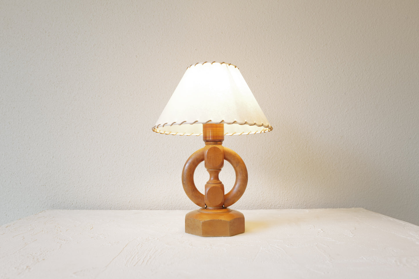 Wooden Base & Parchment Shade Table Lamp 1970's